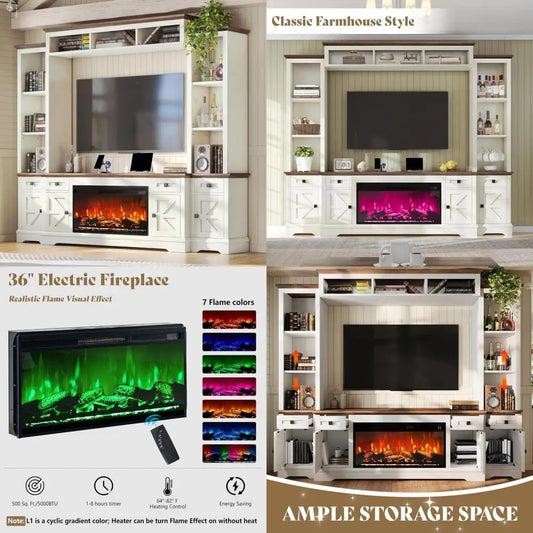 Farmhouse Entertainment Center With Fireplace TV Stand Bookshelf Wine Cabinet