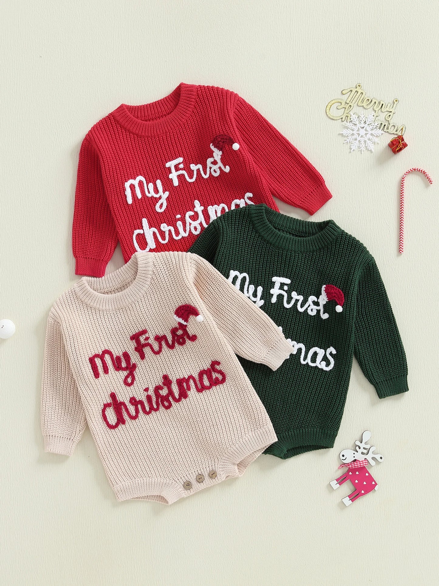 Newborn Baby Knit Romper With Animal Embroidery For Christmas Party