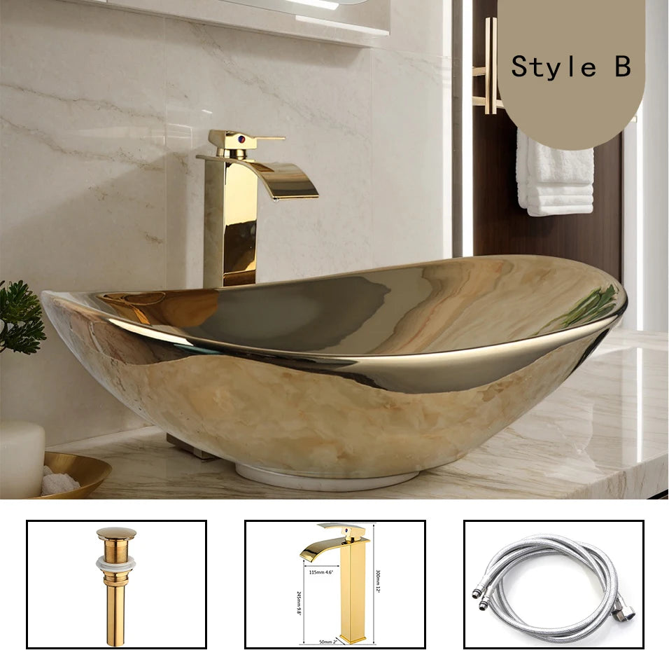 Yanksmart Ceramic Bathroom Sink Set With Deck Mounted Faucet Pop Up Drain