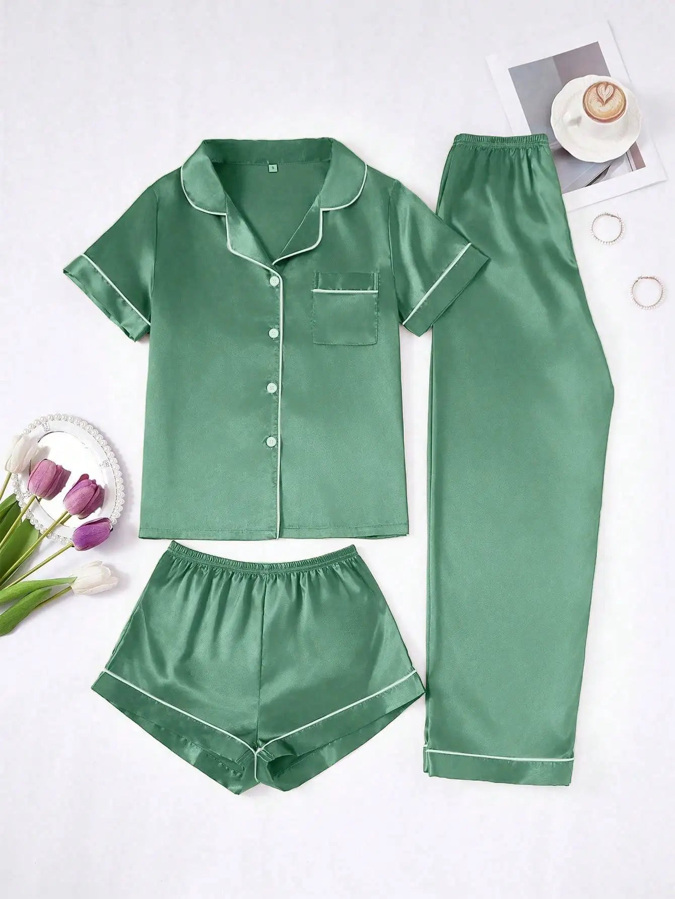 Faux Silk Pajama Set For Women Button-Down Top And Pants