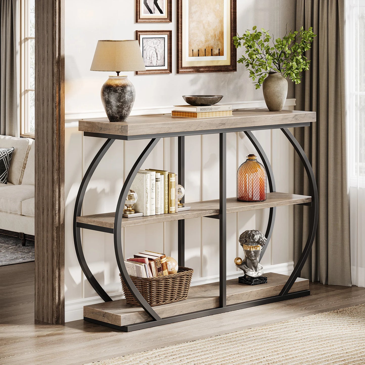 Tribesigns Industrial Console Table With Arched Metal Frame And Storage Shelves