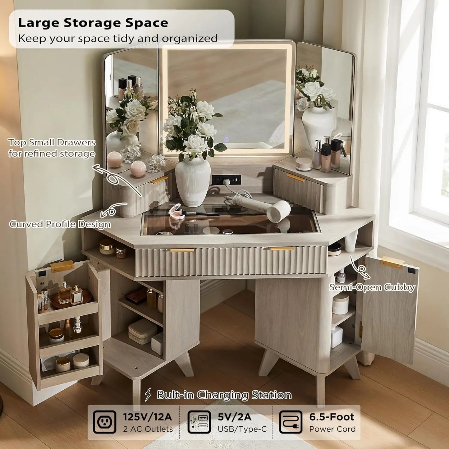 Fluted Makeup Vanity Desk With Three Way Mirror And Lights