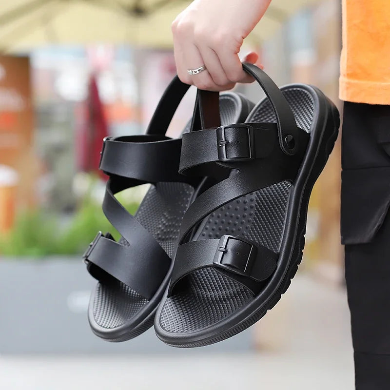 SUOJ Men Leather Sandals Outdoor Casual Beach Slippers