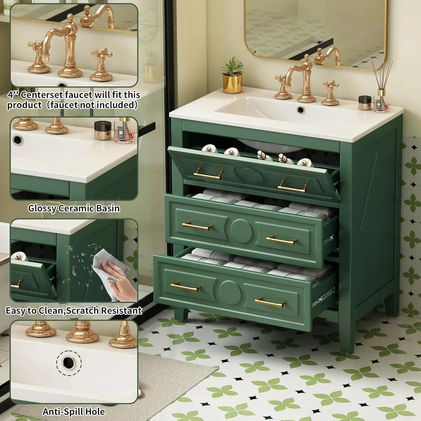 Solid Wood Bathroom Vanity With Ceramic Sink, Tip-Out Drawers