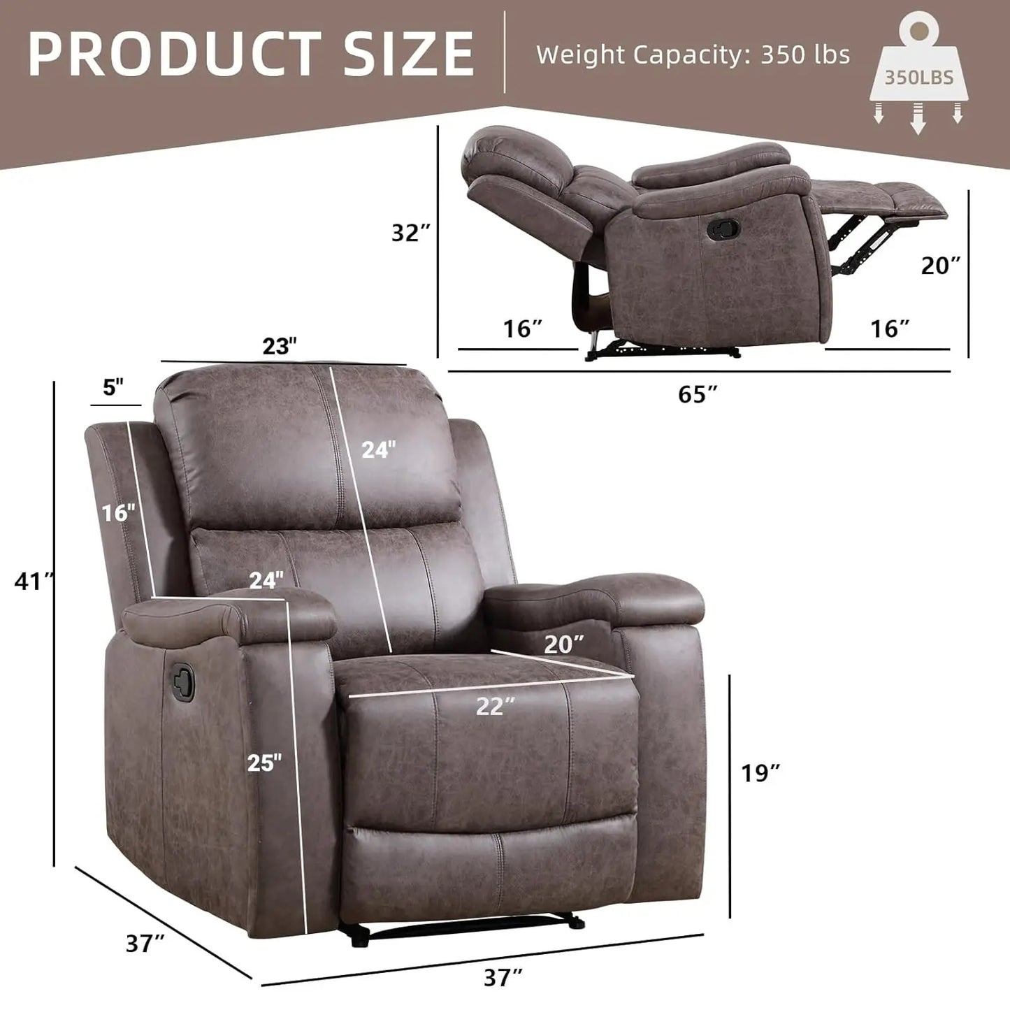 Overstuffed Manual Recliner Chair With Cup Holders For Living Room