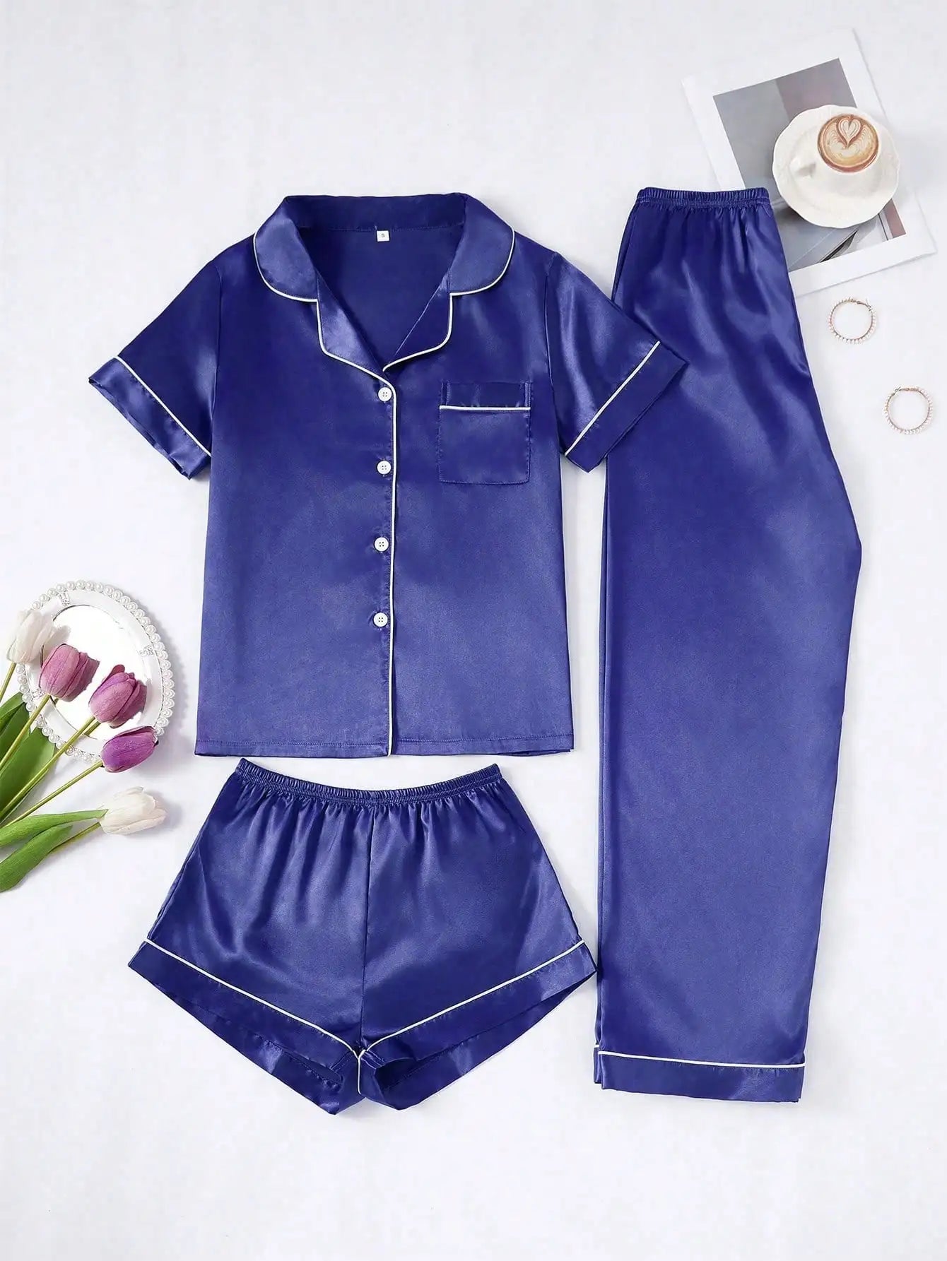 Faux Silk Pajama Set For Women Button-Down Top And Pants