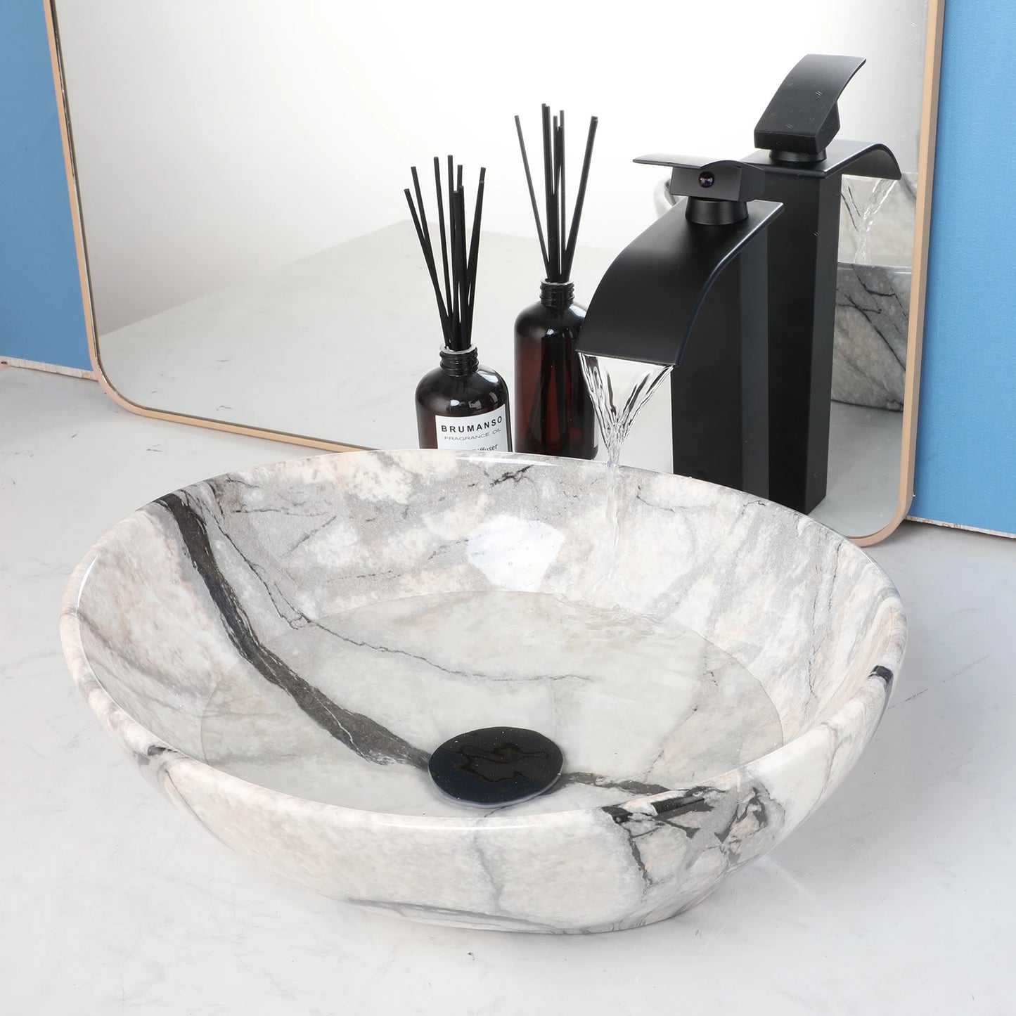 MEKKHALA Oval Vessel Sink With Faucet Marble Ceramic