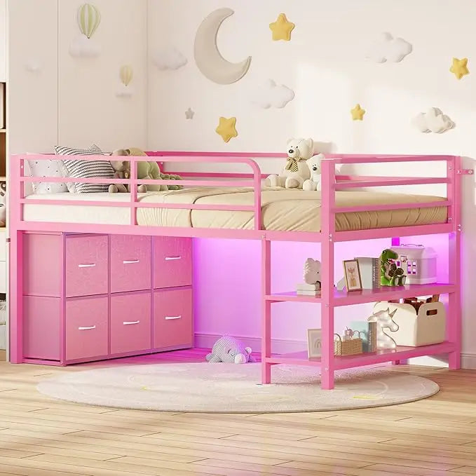Loft Bed With LED Lights, 6 Drawers, Shelves And Guardrail