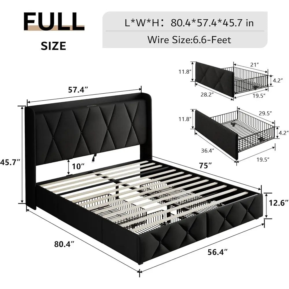 Upholstered Bed With Storage Drawers And USB Charging Station