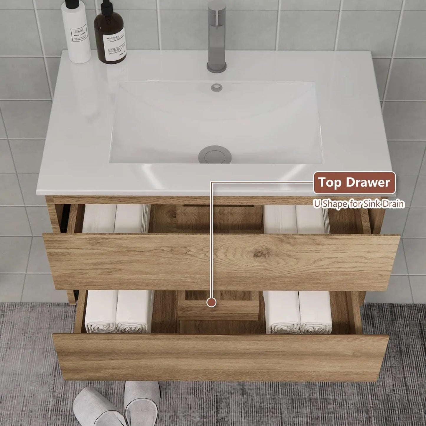 Floating Bathroom Vanity With Sink, Moisture-Resistant MDF, Soft-Close Drawers