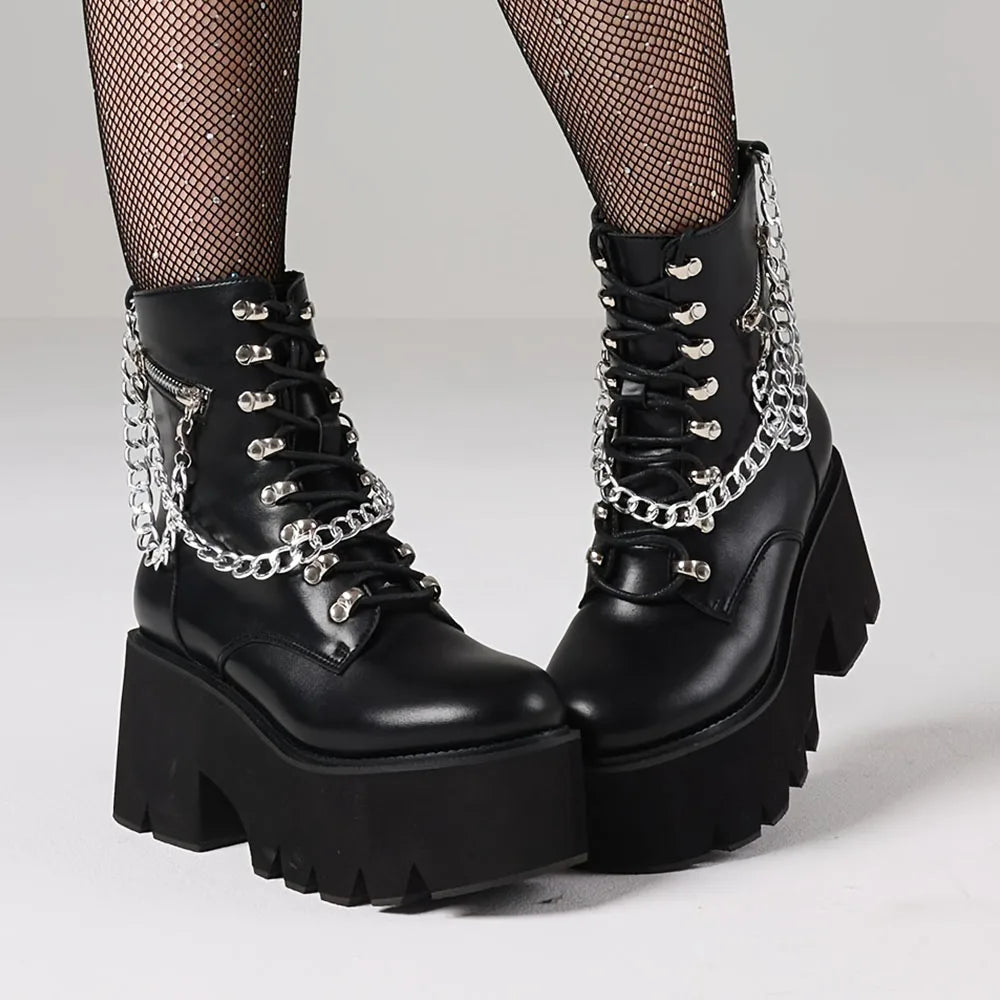DoraTasia Gothic Ankle Boots Platform Chunky Heel With Chain