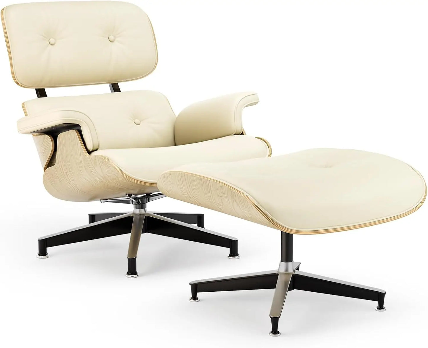 ZHUXIANG Grain Leather Mid Century Chaise Lounge Chair And Ottoman Ash Wood Base