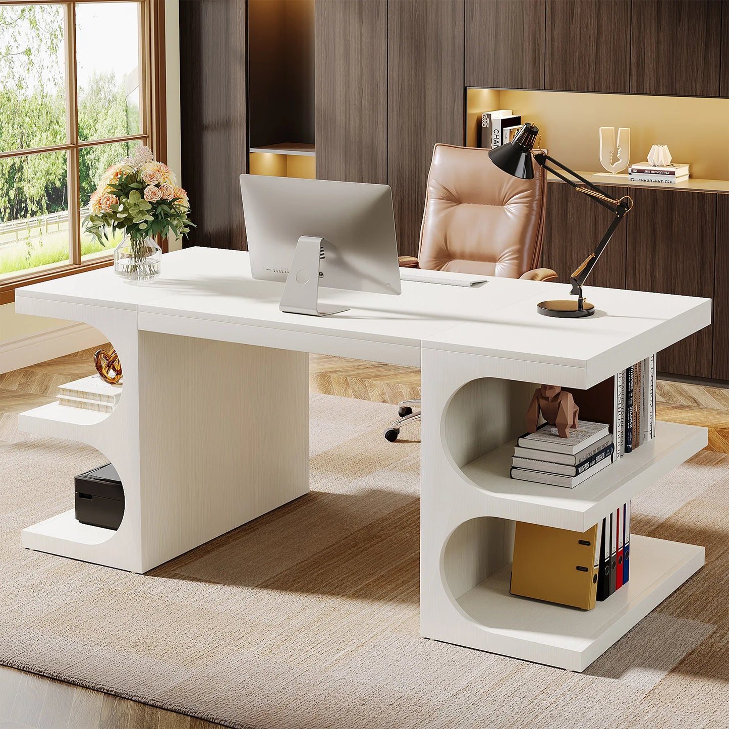 Tribesigns Modern Executive Office Desk With Storage Shelves For Home Office Computer Workstation