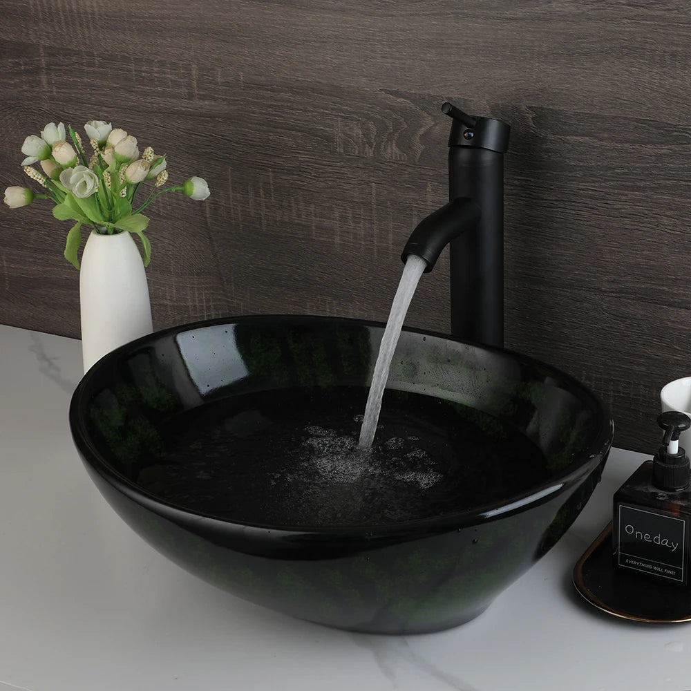 MEKKHALA Oval Vessel Sink With Faucet Marble Ceramic