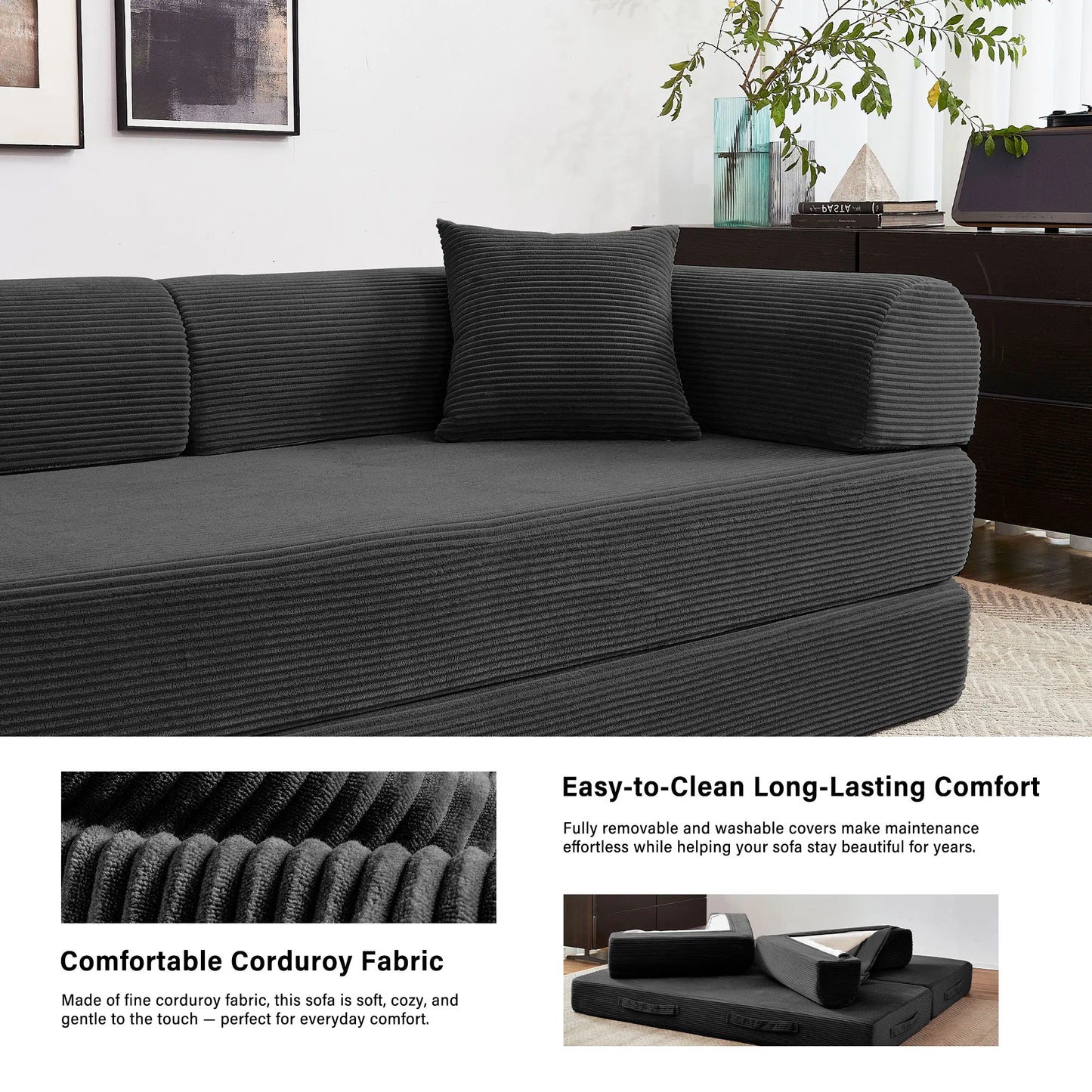 Foldable Convertible Futon Sofa Bed With L-Shaped Armrests Living Room