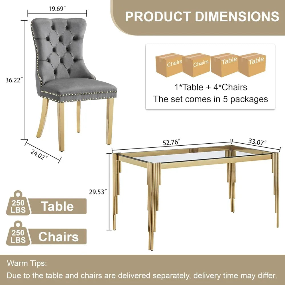 AMHDDT Five-Piece Glass Dining Set for Four with Velvet Chairs