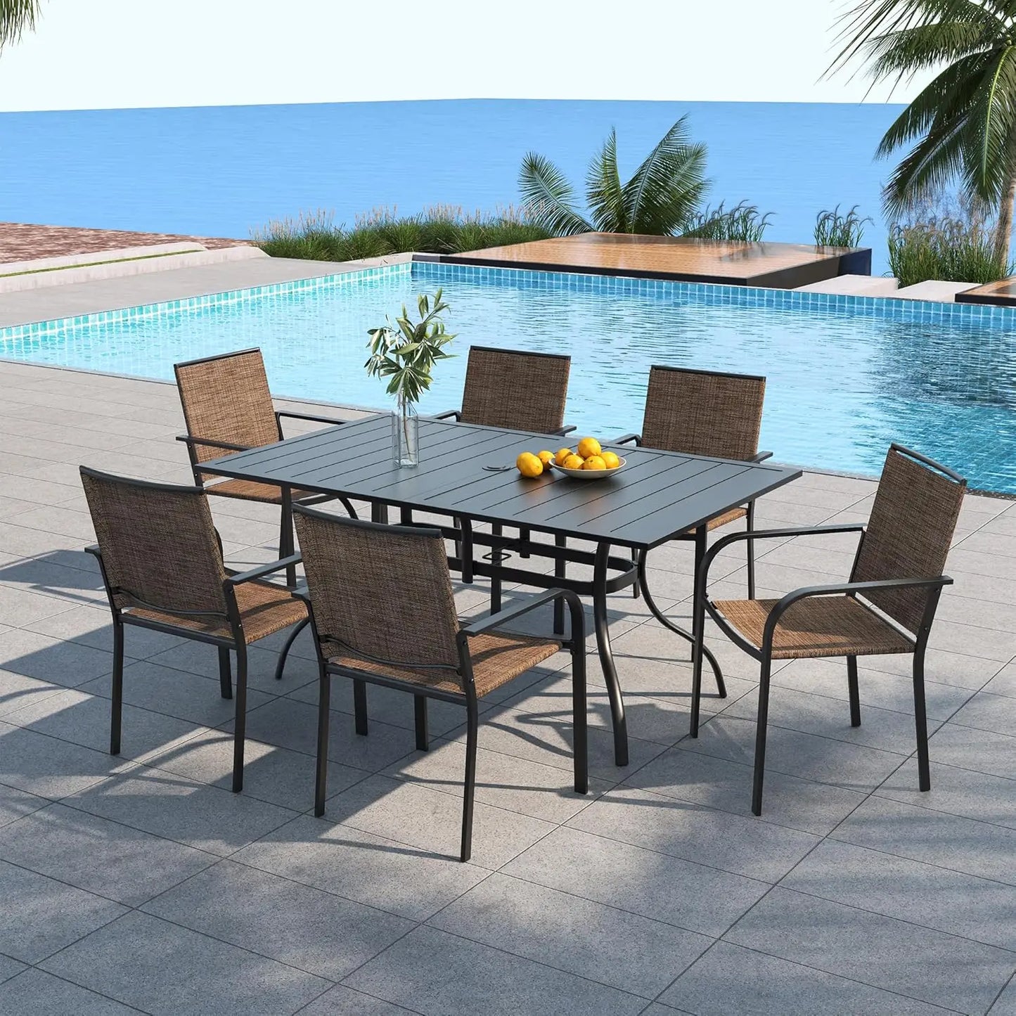 7 Piece Outdoor Patio Dining Set With 6 Stacking Chairs Rectangular Table