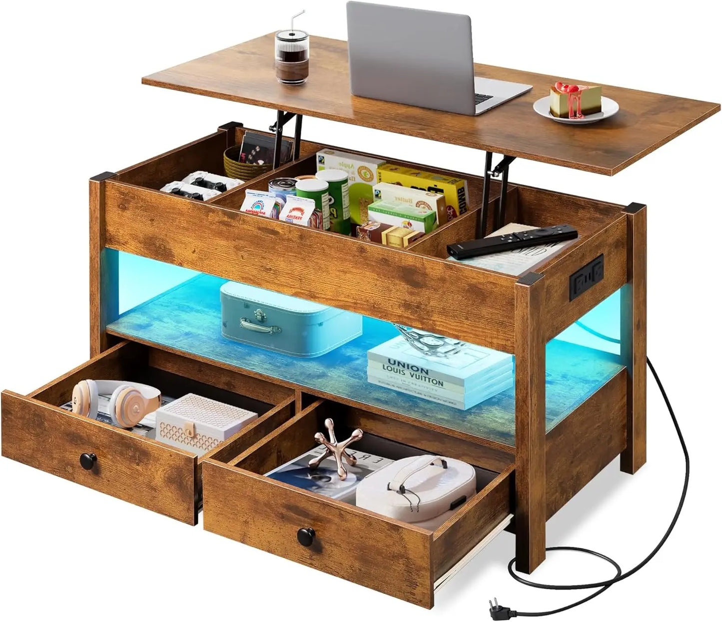 Lift Top Coffee Table With LED Light and Two Drawers