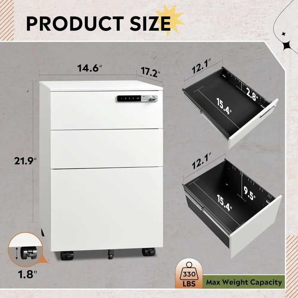 XMSJ 3-Drawer Lockable File Cabinet, Fully Assembled Metal