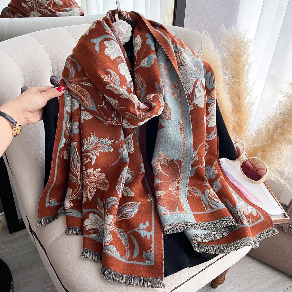 Floral Print Winter Scarf For Women Warm Polyester Shawl Wrap