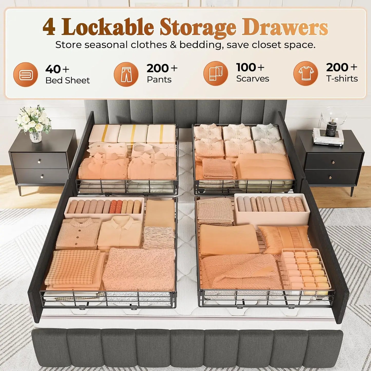 Bed Frame With Upholstered Headboard Charging Station Two Tier Drawers