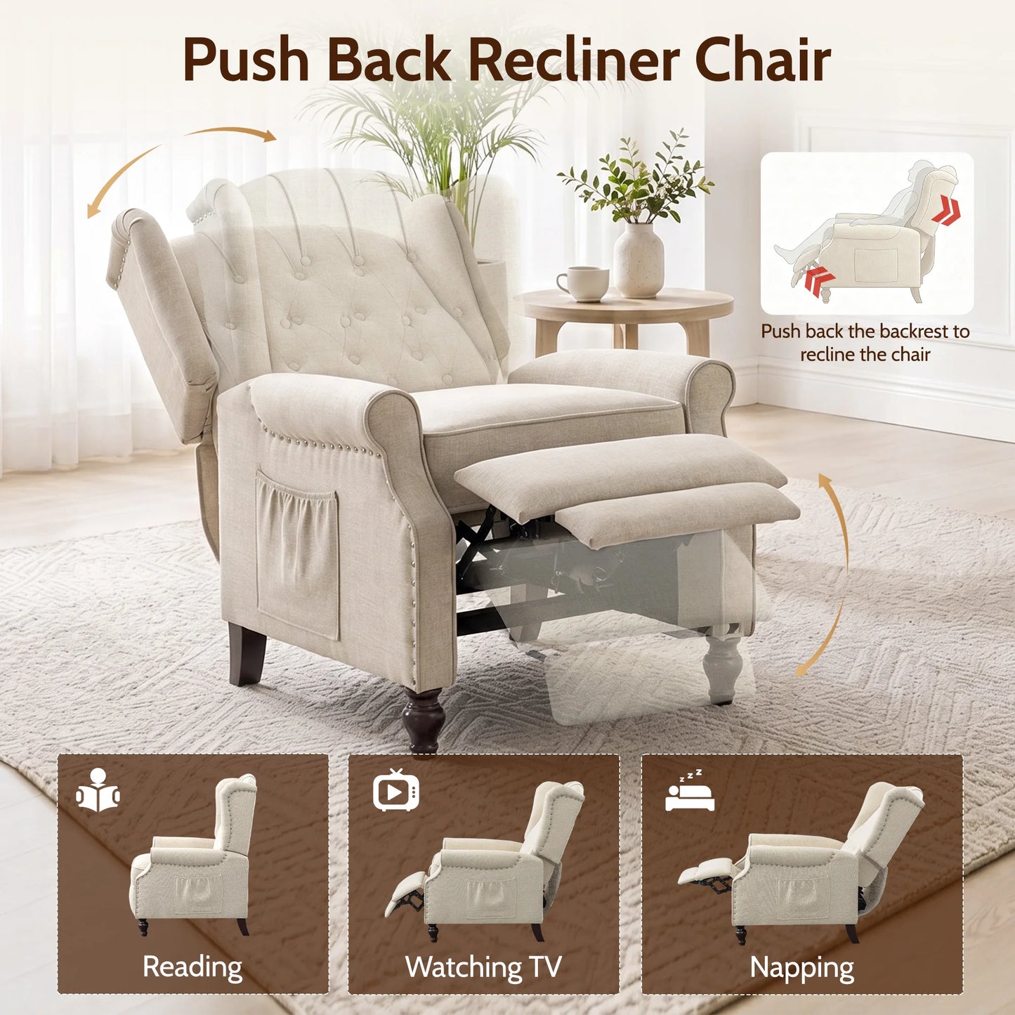 Tcgbkaf Mid Century Wingback Recliner With Heated Massage