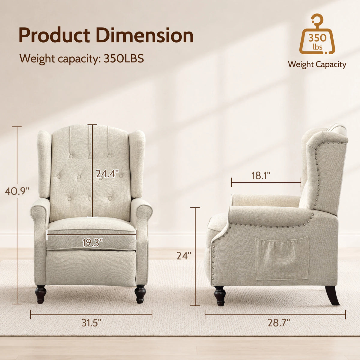 Tcgbkaf Mid Century Wingback Recliner With Heated Massage
