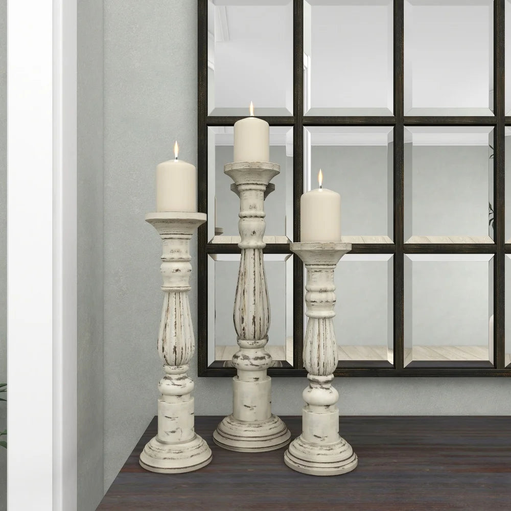 Mango Wood Candle Holders Set of 3 Hand Carved Pillar Stands