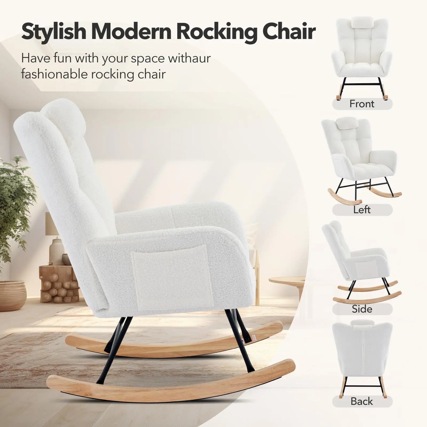 HiMISS Nursery Rocking Chair Teddy Upholstered Glider Rocker With Padded Seat And High Back