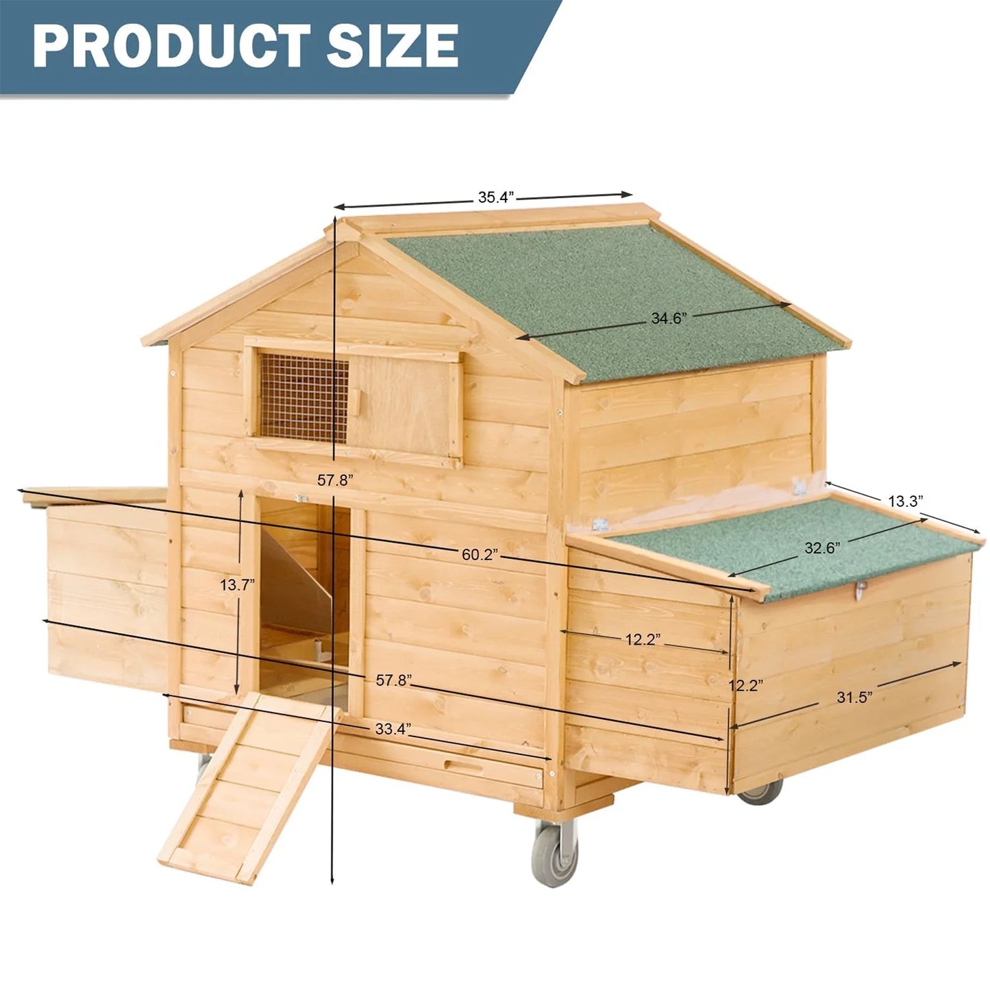 Mobile Wooden Chicken Coop On Wheels 6-8 Chickens Nesting Box