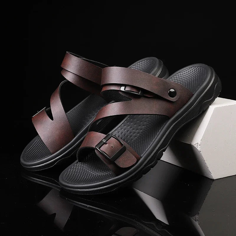 SUOJ Men Leather Sandals Outdoor Casual Beach Slippers