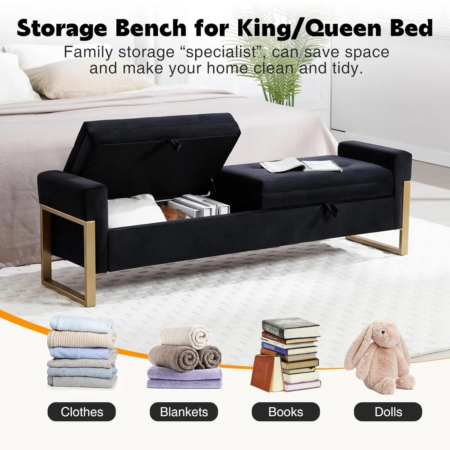 Bed End Storage Bench With Velvet Upholstery And Metal Legs