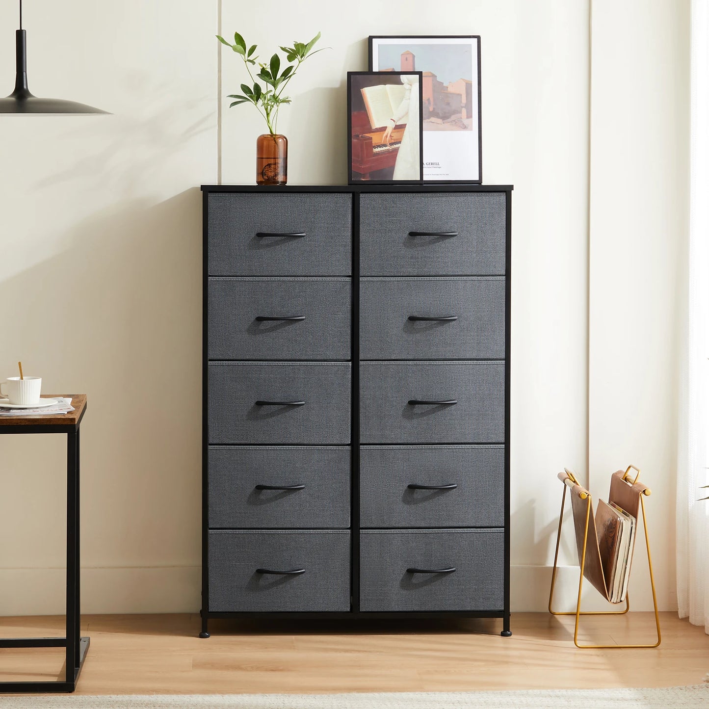 JHK Bedside Table With 10 Fabric Drawers Steel Frame Nightstand