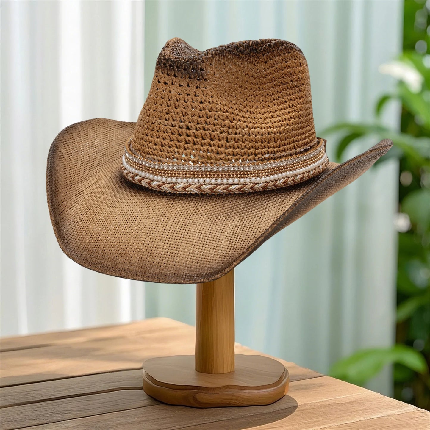 NONECN Unisex Wide Brim Straw Sun Hat Western Cowgirl Style