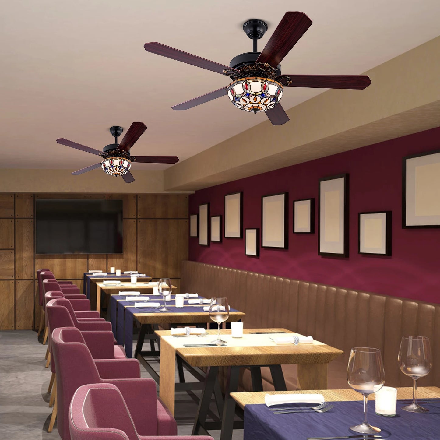 Bymaocar Elegant Tiffany Wooden Ceiling Fan With Three Lights And Remote Control