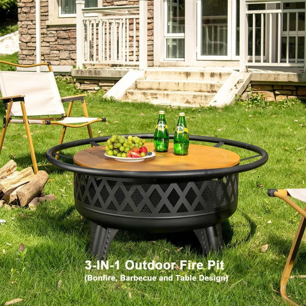 DAFIFY Round Outdoor Fire Pit With Grill And Metal Lid