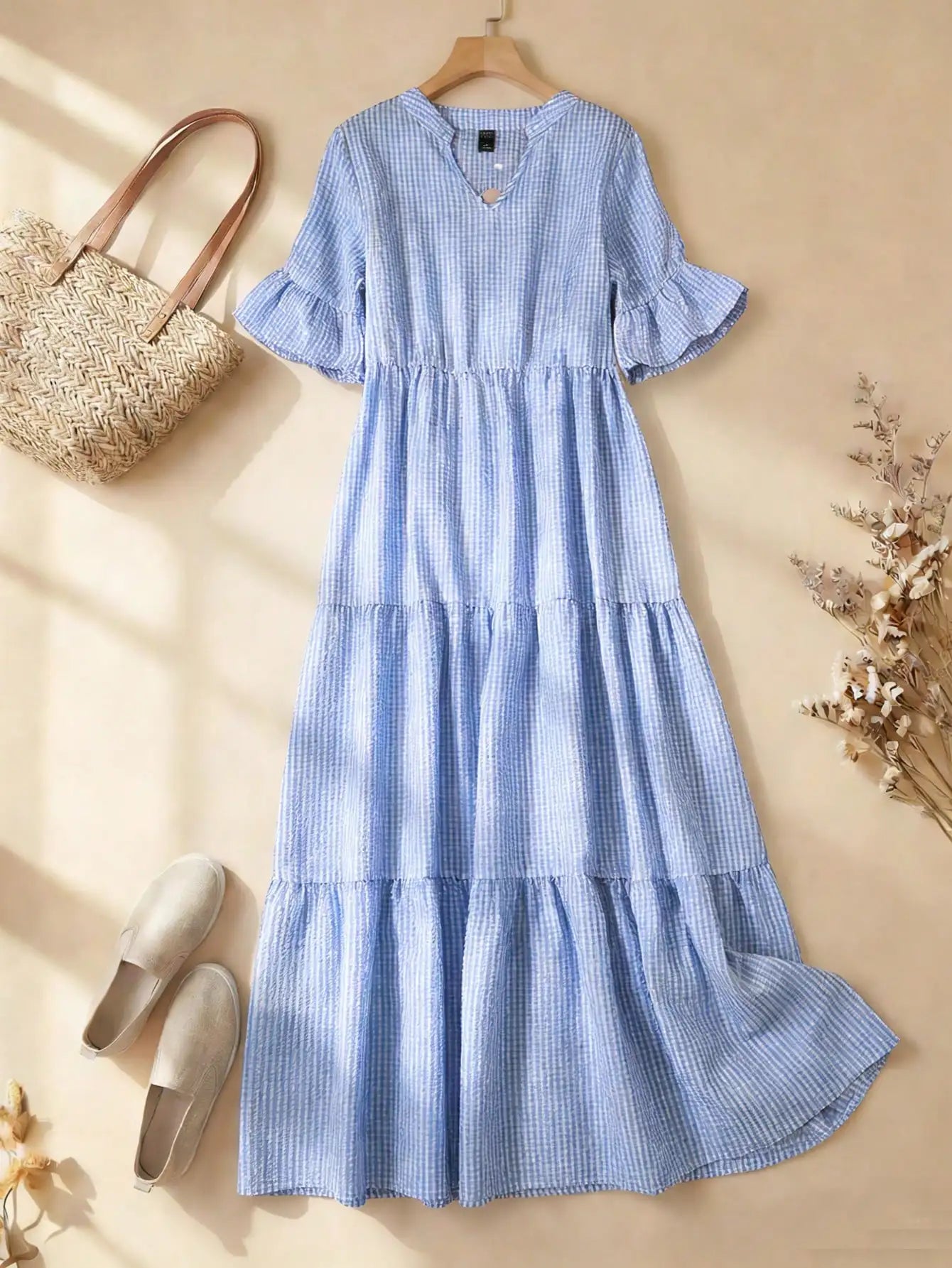 Women's Solid Color Casual Tiered Maxi Dress V-Neck A-Line
