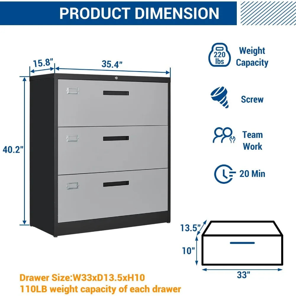 3 Drawer Lateral File Cabinet With Lock For Home Office