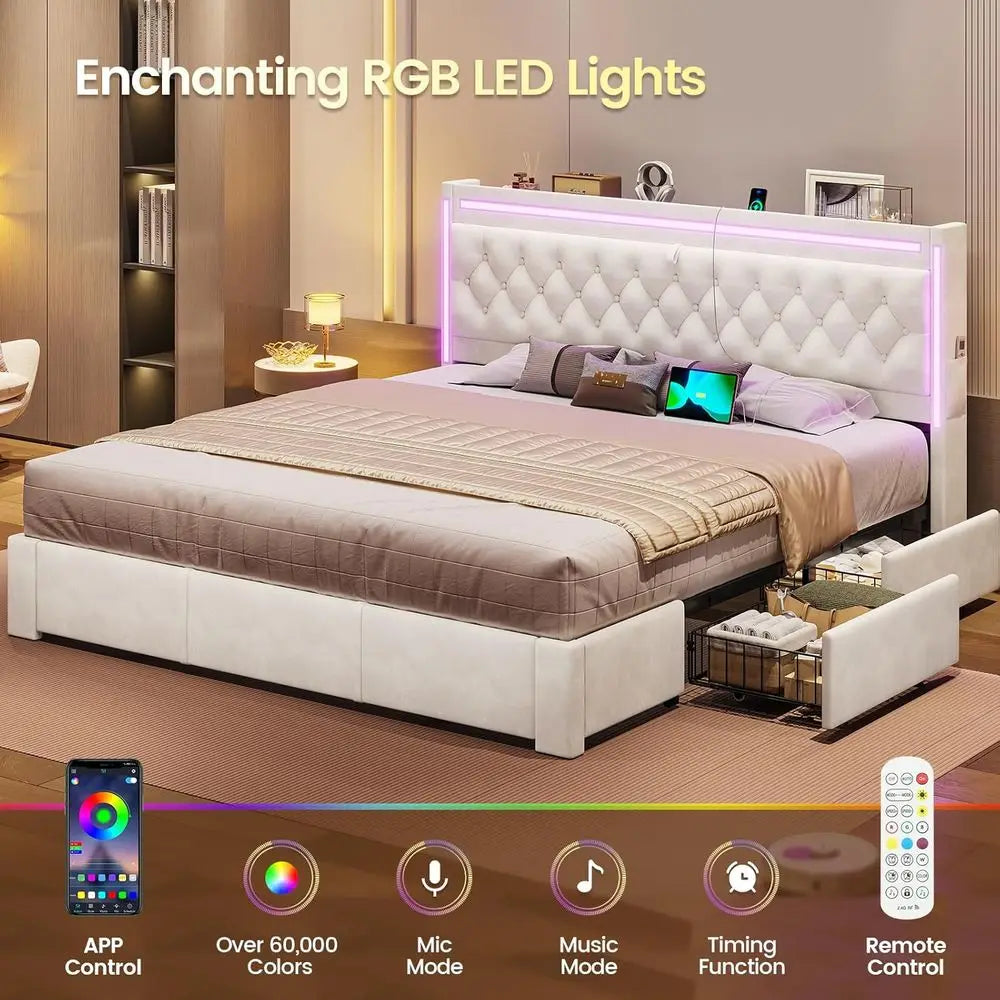 LED Upholstered Bed With 5 Drawers And Charging Station