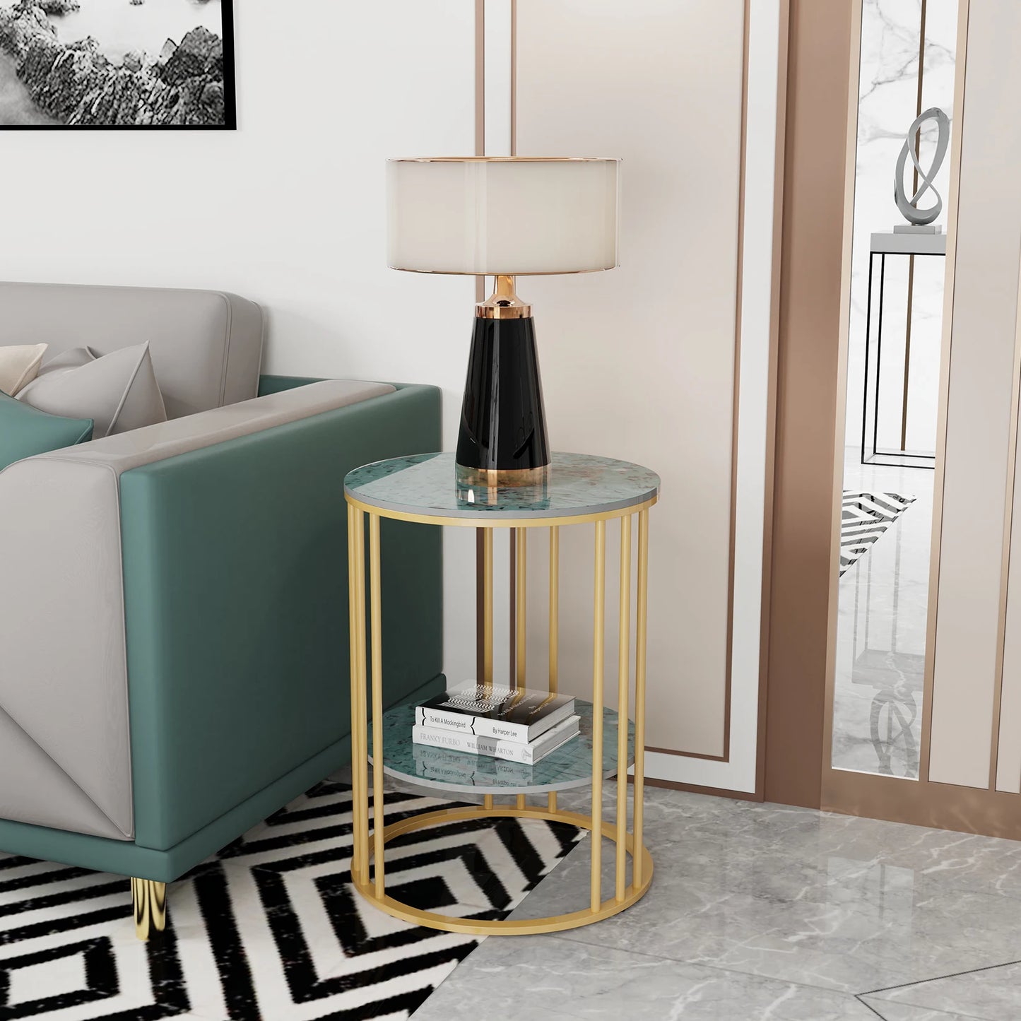 Round Marble Coffee Table With Metal Frame For Living Room