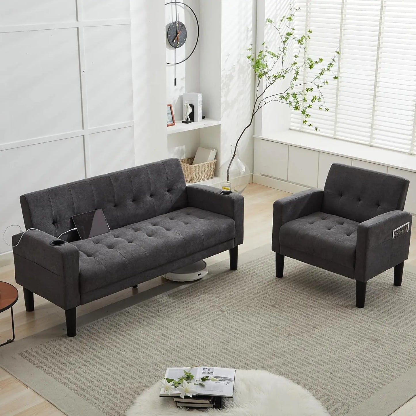 Tufted Mid-Century 2-Piece Sectional Sofa Set With USB Ports