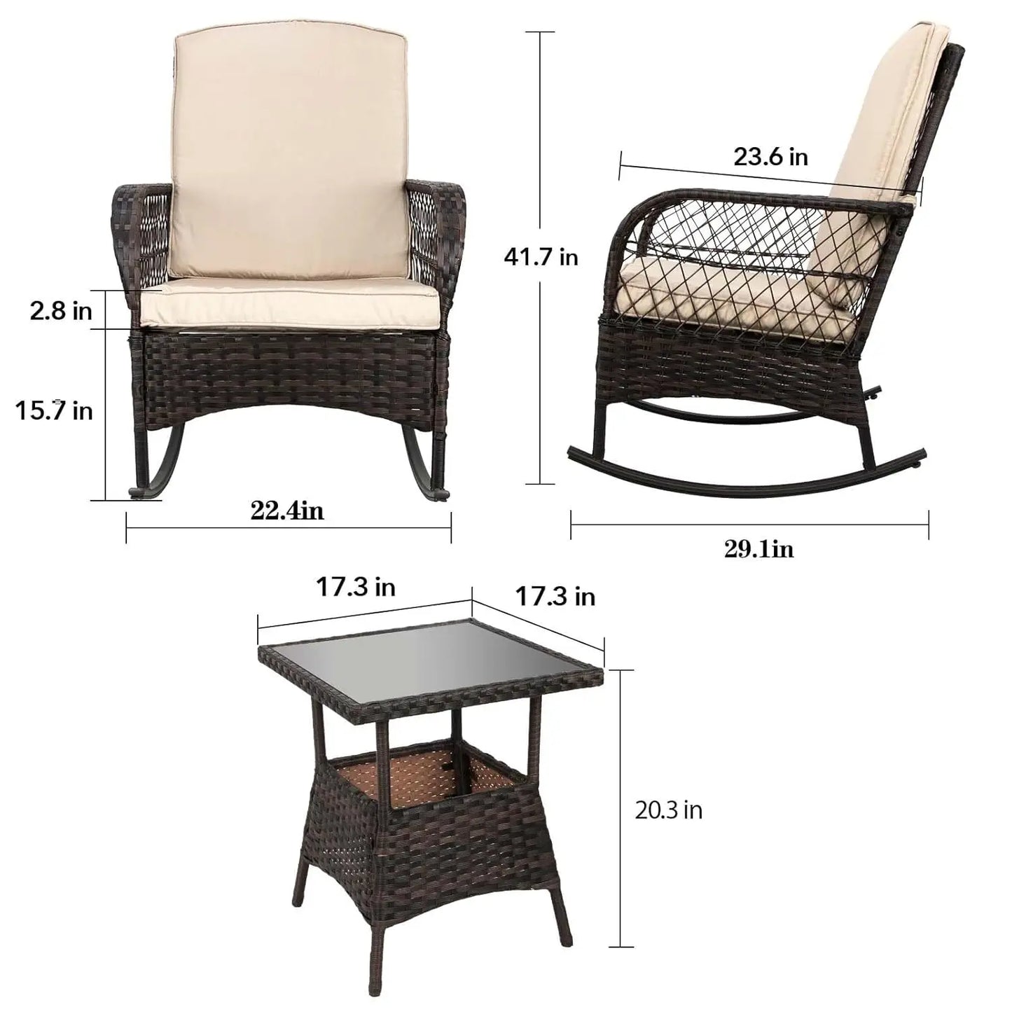 Outdoor Rocking Bistro Set With Glass Table PE Wicker 3-Piece