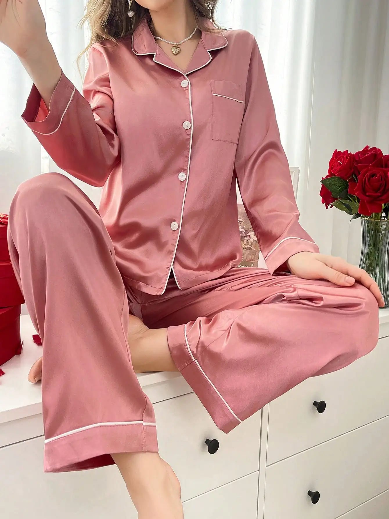 Silky Satin Pajama Set With Piping Button Front Top