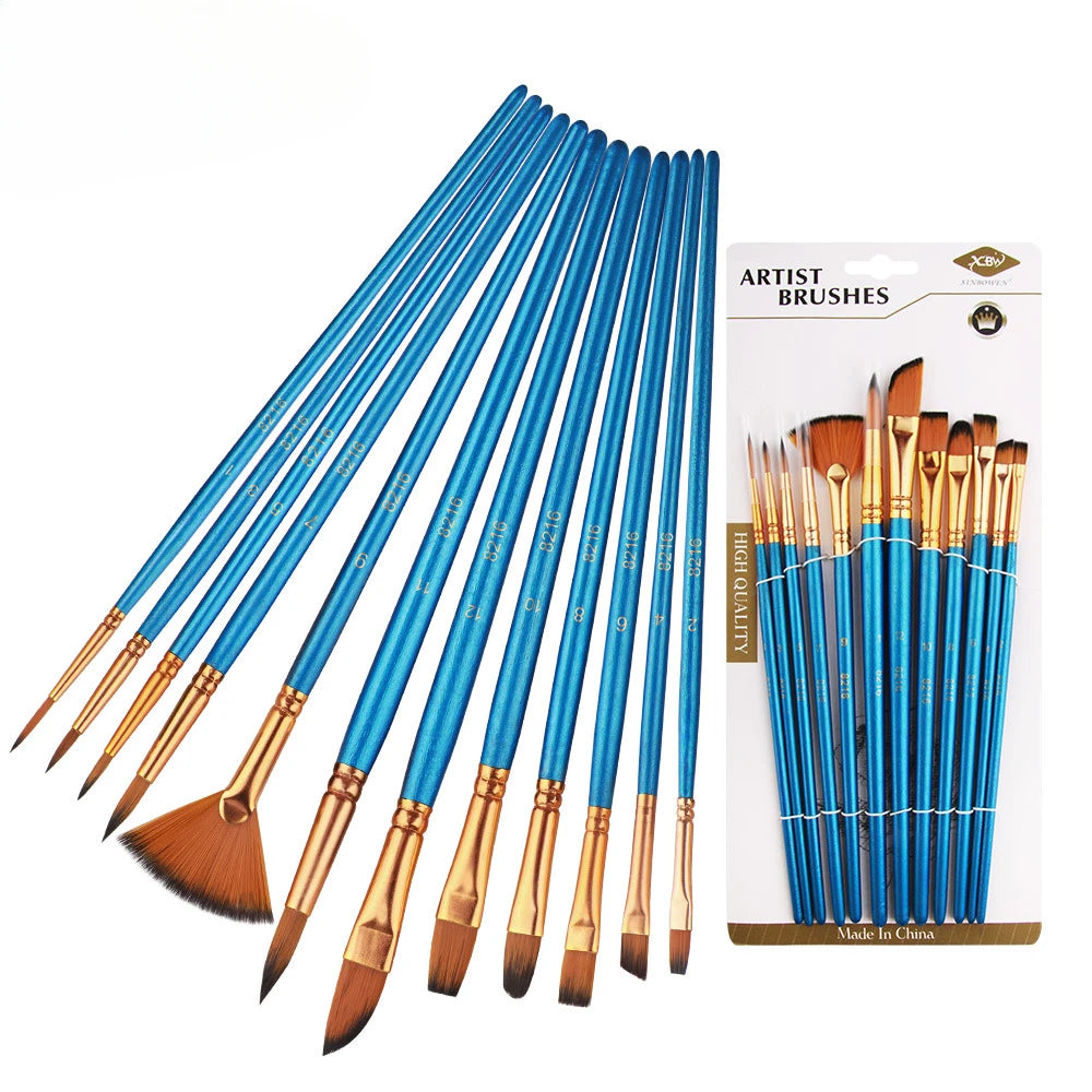Hair 12 Piece Nylon Flat Brush Set Oil And Watercolor
