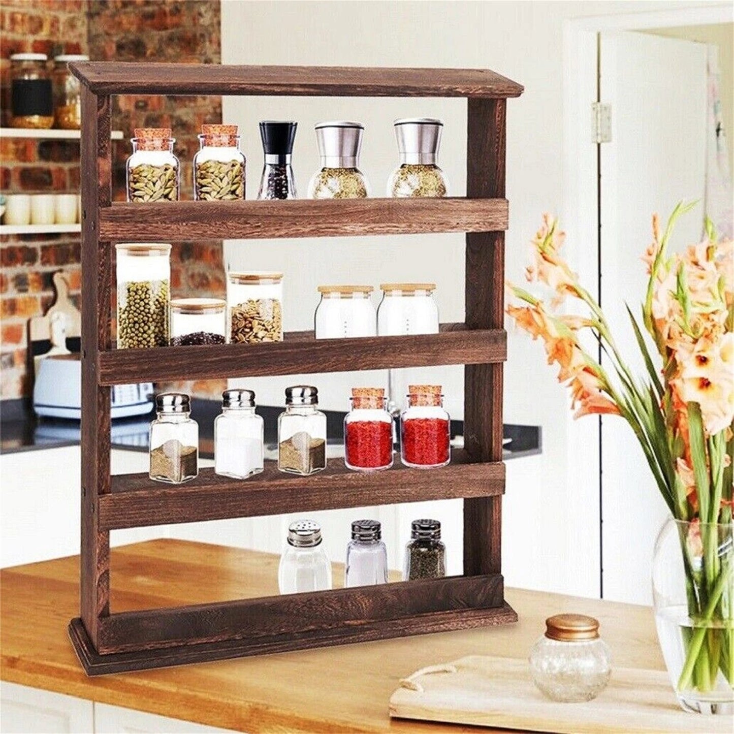 Rustic Torched Wood Wall Mounted 4 Tier Spice Rack
