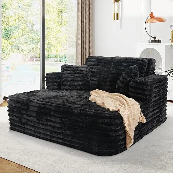 Oversized Faux Fur Chaise Lounge Sleeper Sofa with Pillows
