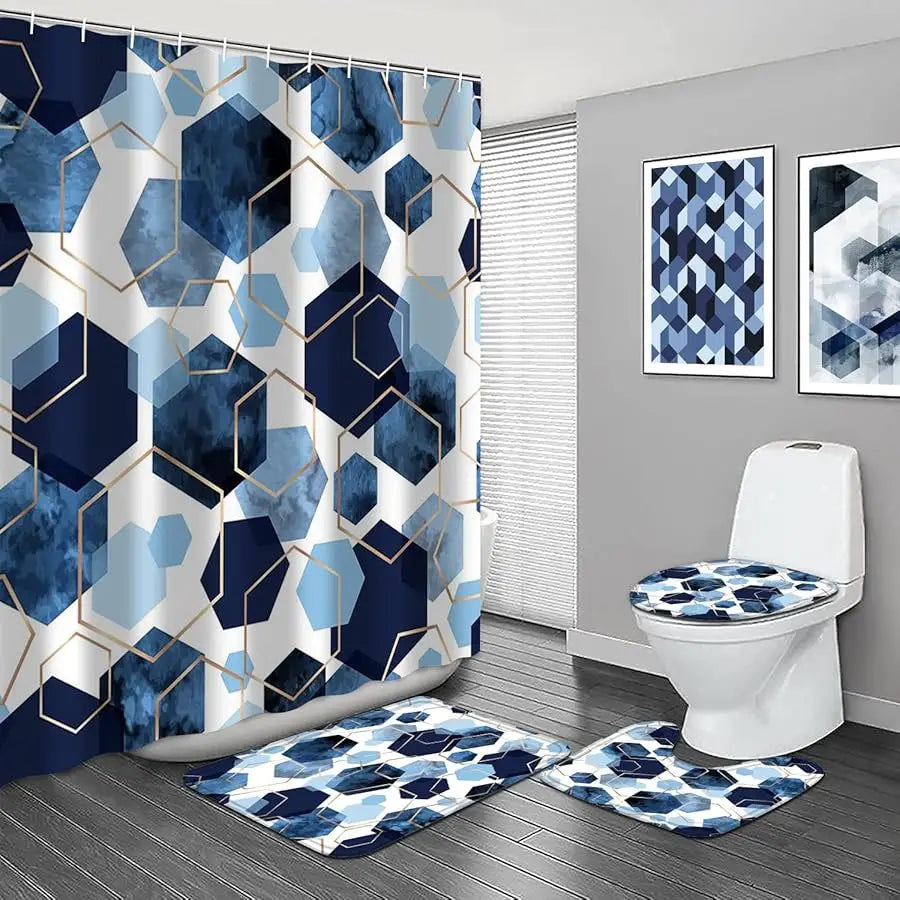 Guangdong Geometric Shower Curtain Set 4 Piece With Hooks Bath Mat