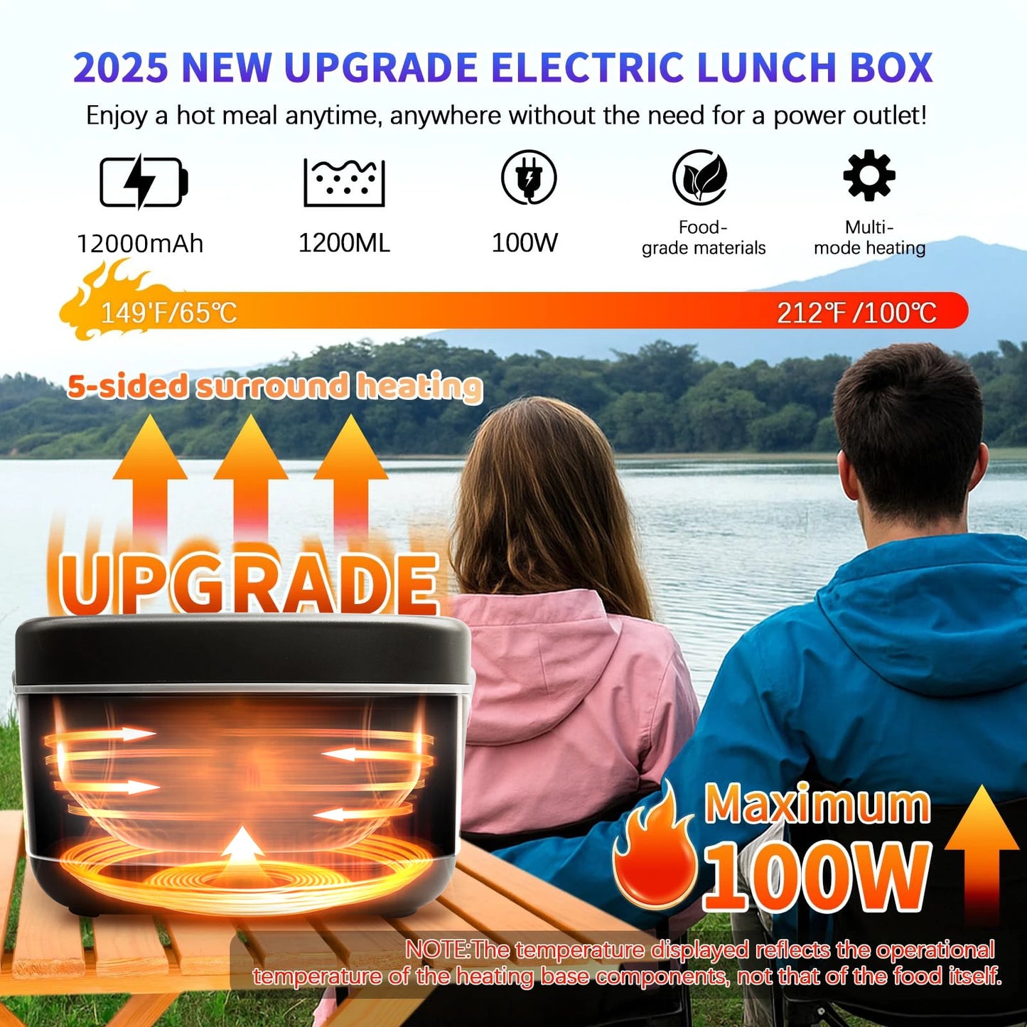 Wireless Lunch Box Heater 12000mAh With Five Sided Heating And Auto Temp Control