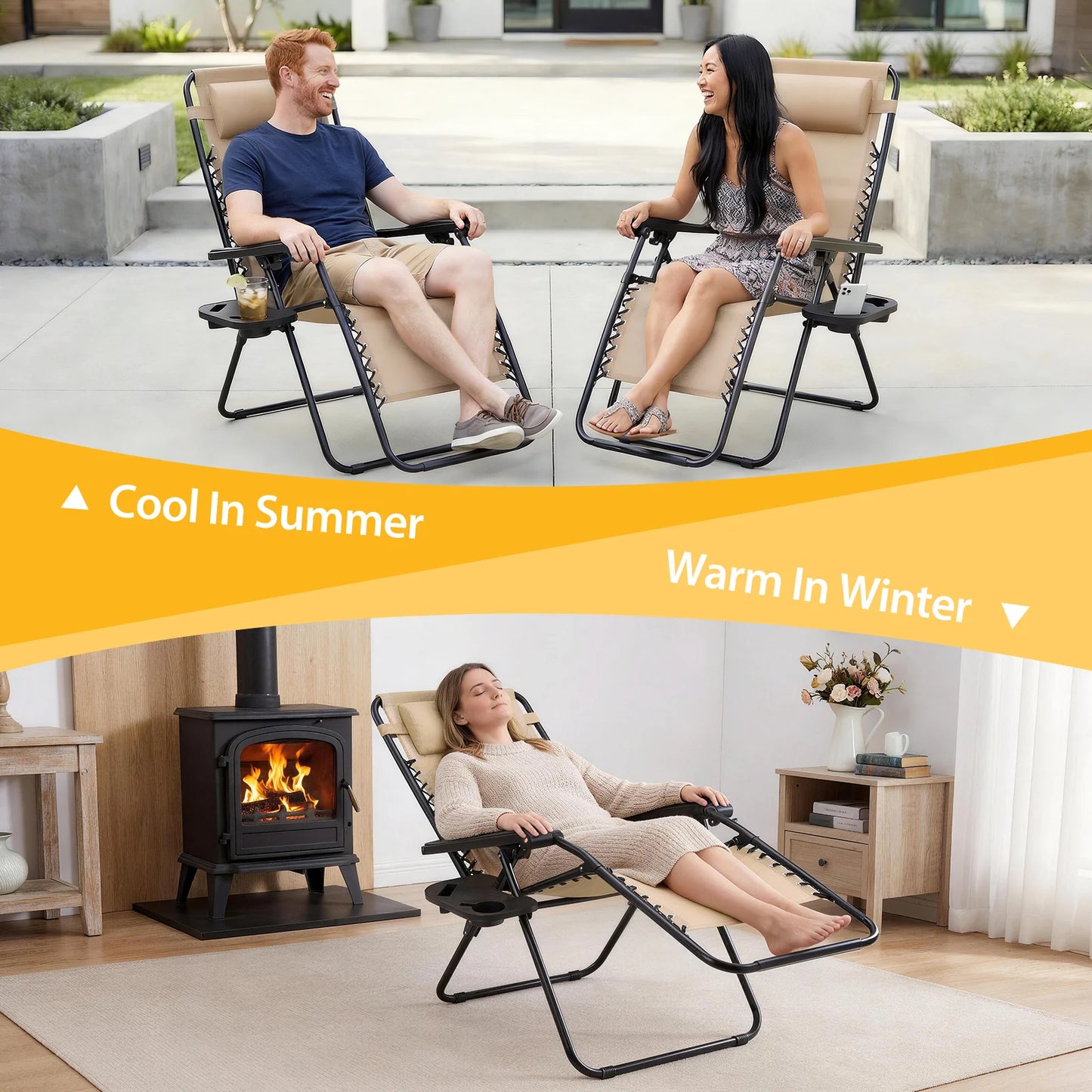 JHK Portable Zero Gravity Recliners Set Of 2 With Cup Holder Trays