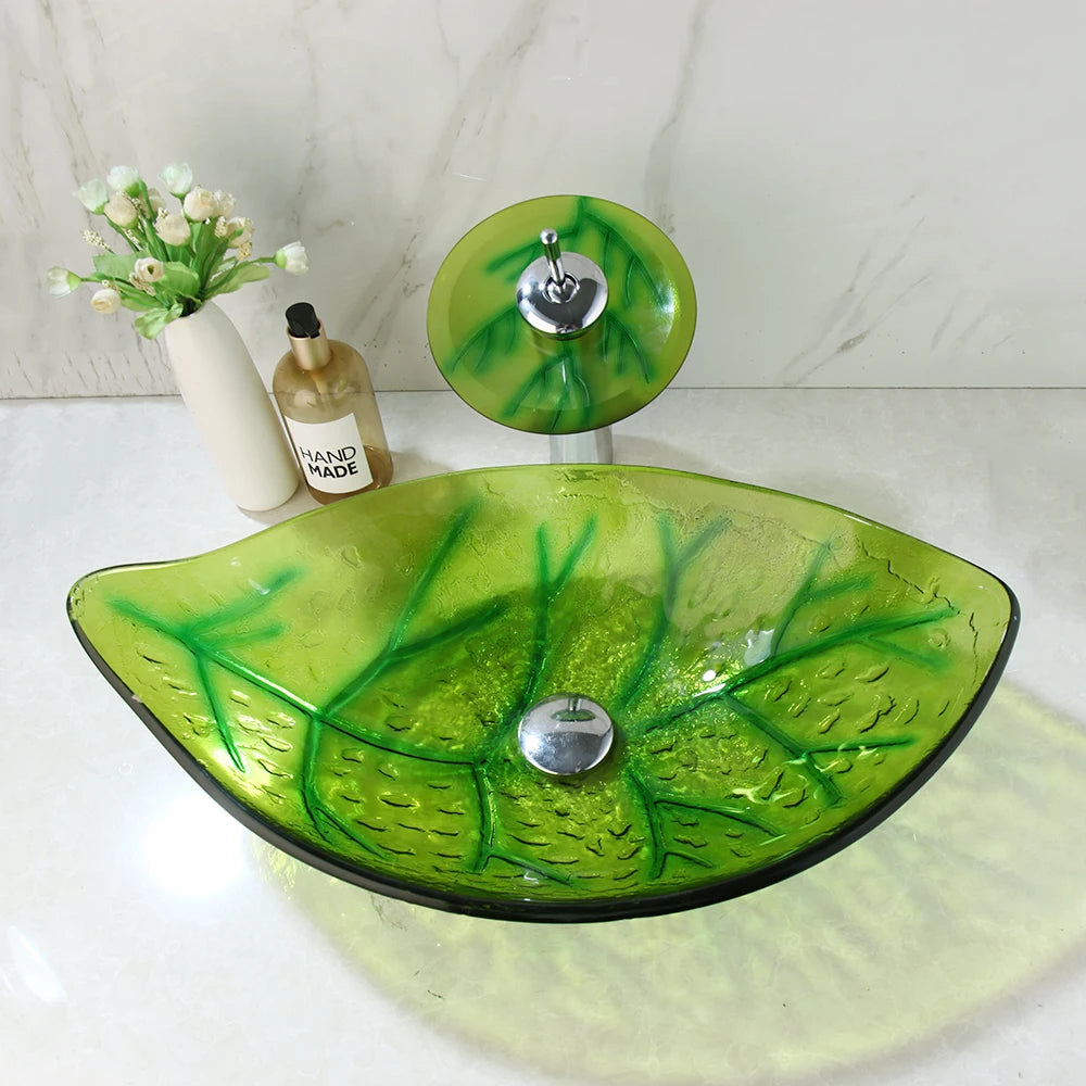 YANKSMART Green Leaf Vessel Sink And Faucet Set Tempered Glass